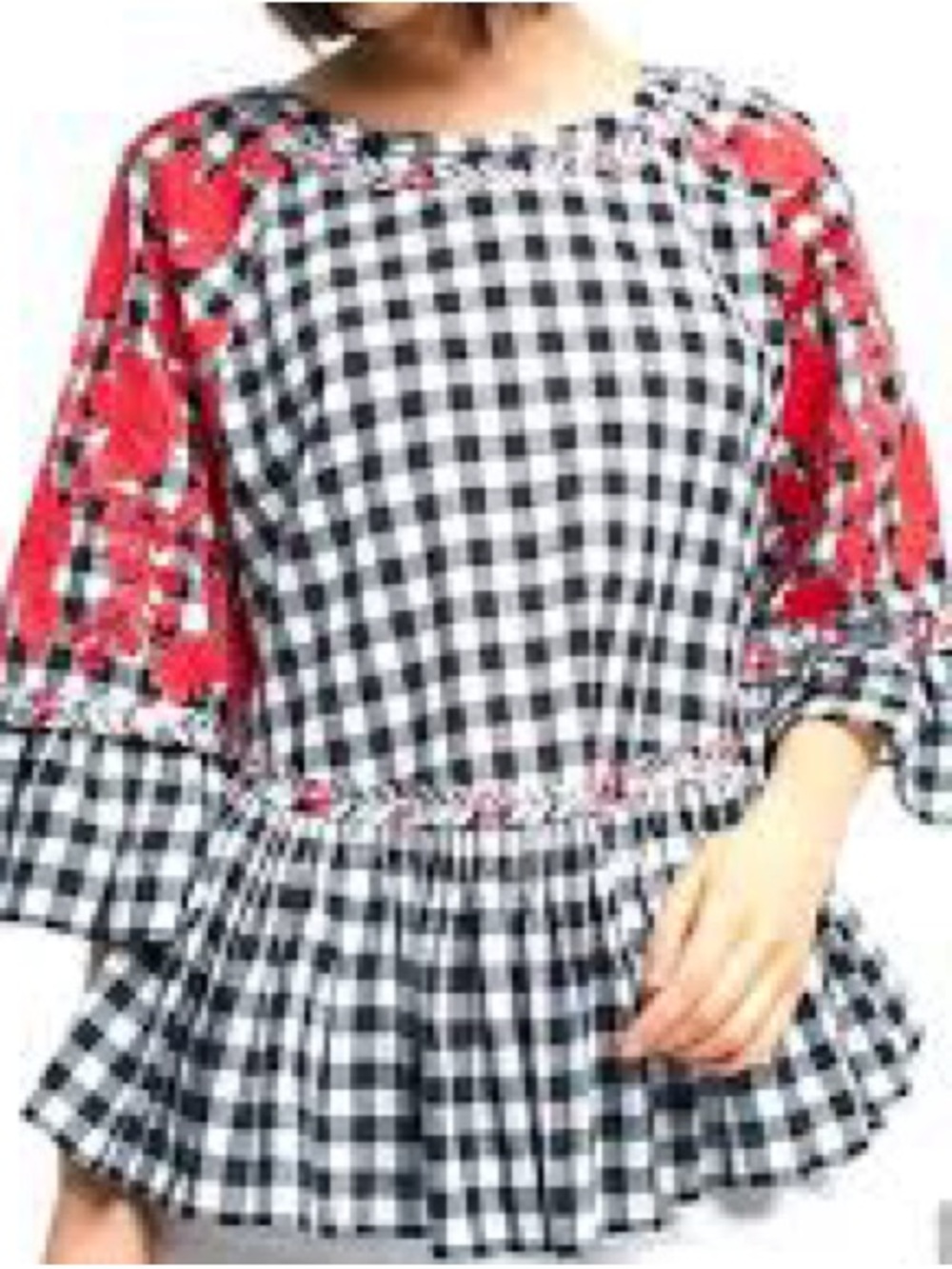 Anthropologie Panknj & Nidhi Tunic Women Medium Black Gingham Red Floral Peplum